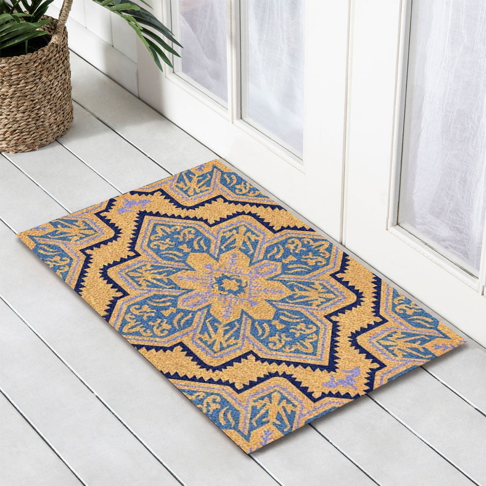 Blue Mosaic PVC Back Coir Doormat, 45x75cm - Doormats