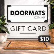 Doormats.com.au gift card with a stylish design, perfect for gifting, displayed on a white background.