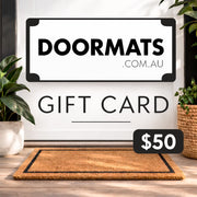 A $50 Doormats.com.au gift card featuring a sleek design and clear denomination, perfect for gifting or personal use.