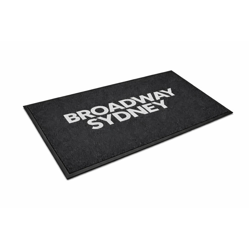 PrintPlush Logo Mat featuring a custom logo design, shown from the side, perfect for adding branding to entryways.